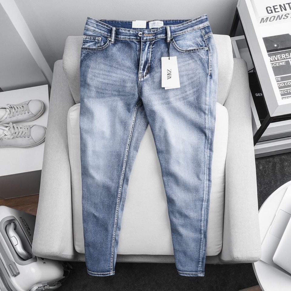 Quần jean dài màu xanh bạc không rách mới big size nam tới 130kg