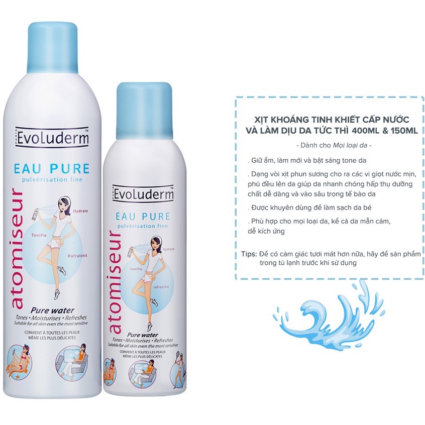 Xịt khoáng Evoluderm Pháp cấp ẩm làm dịu da 150ml