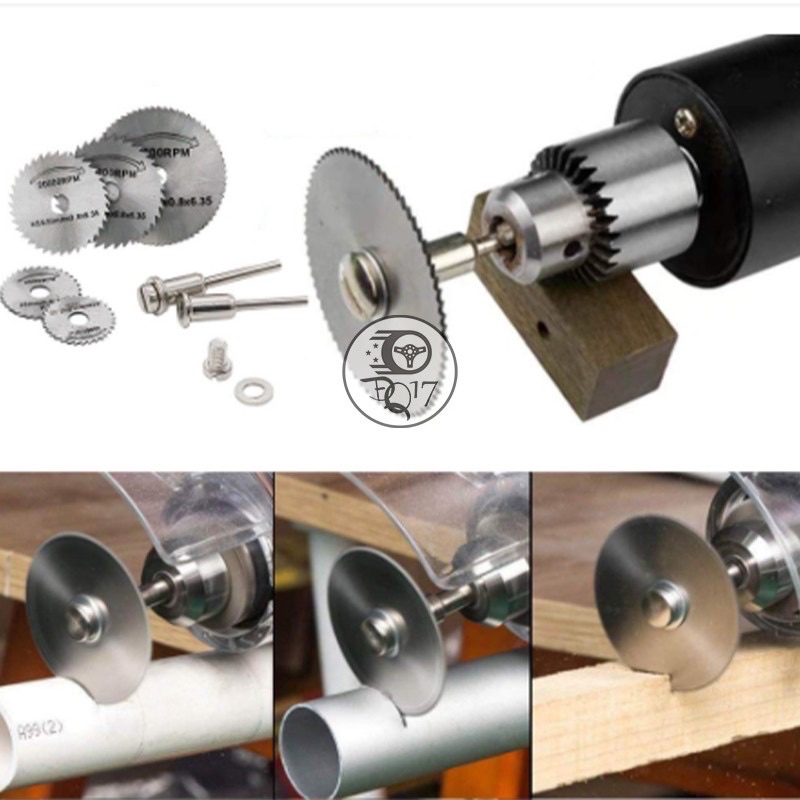 Lưỡi cắt mini dùng cắt gỗ thép HSS (5 đĩa cắt răng + 2 chân cán 3mm) 7 chi tiêt