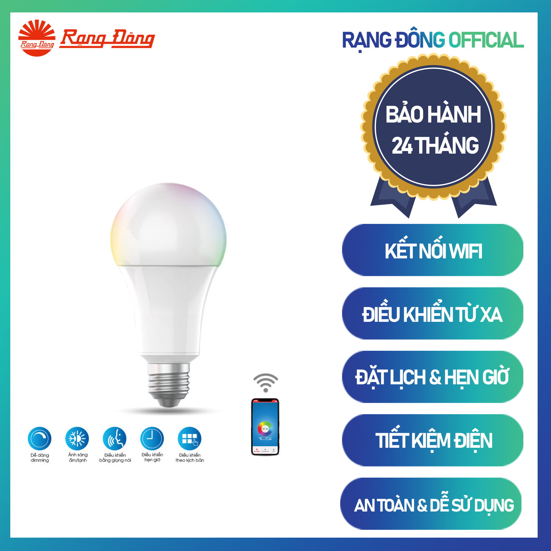 Bóng đèn LED Bulb RGB kết nối wifi A60.BLE.RGBCW/9W Chính hãng Rạng Đông tiết kiệm điện Dễ dàng lắp đặt Cho ánh sáng đẹp Giải pháp cho smart house