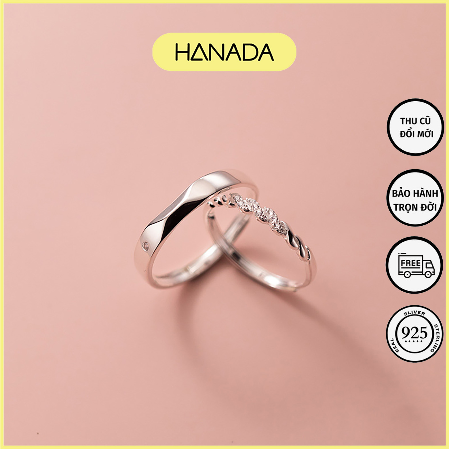 Nhẫn cặp bạc 925 hanada nam nữ xoắn đá đơn giản, nhẫn đôi bạc size tùy chỉnh 0535 l8