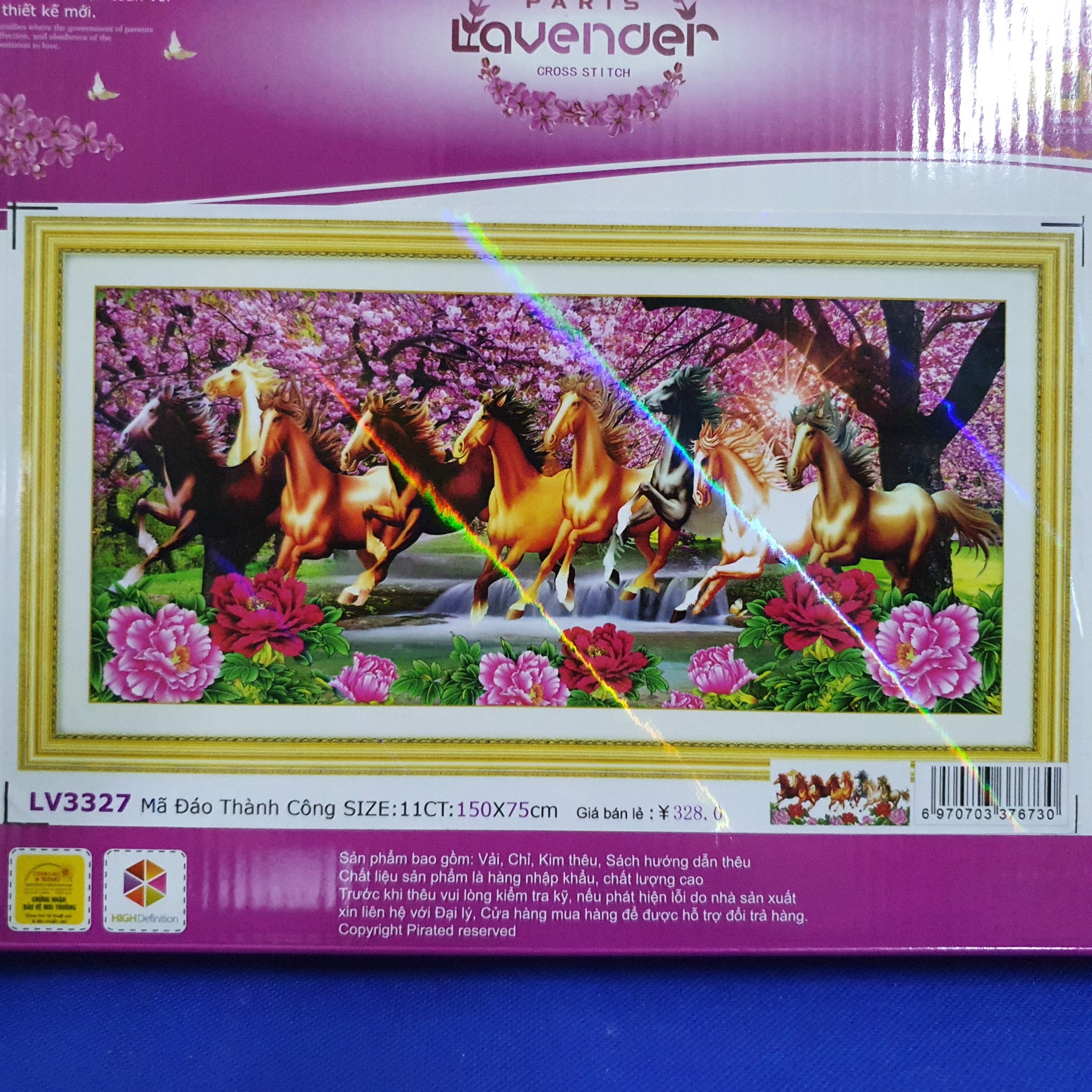 Tranh thêu chữ thập Mã đáo thành công 9 con ngựa LV3327