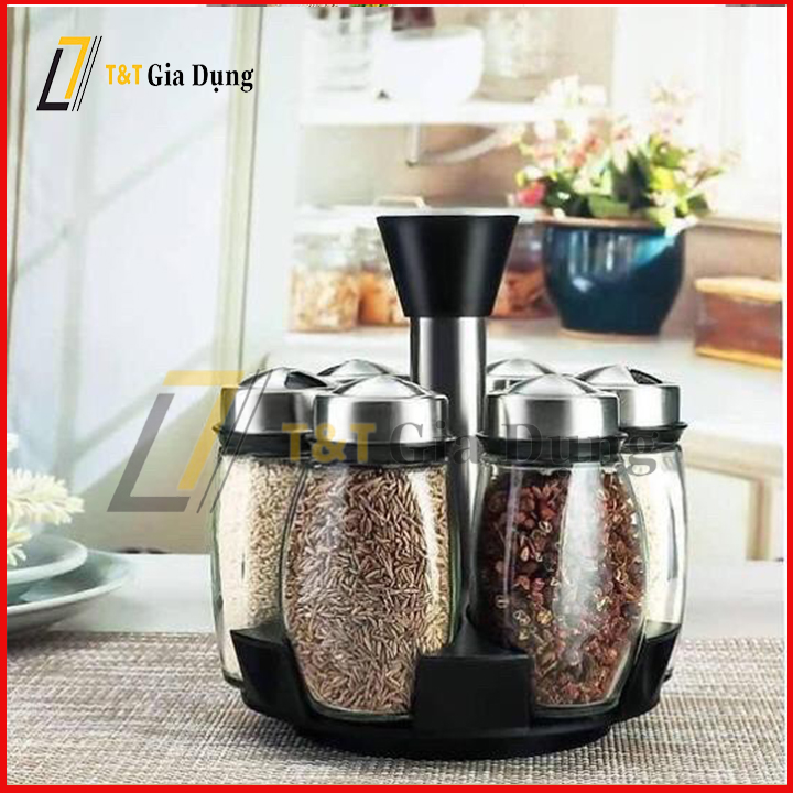 Bộ 6 lọ đựng gia vị thủy tinh kèm giá để xoay 360 độ