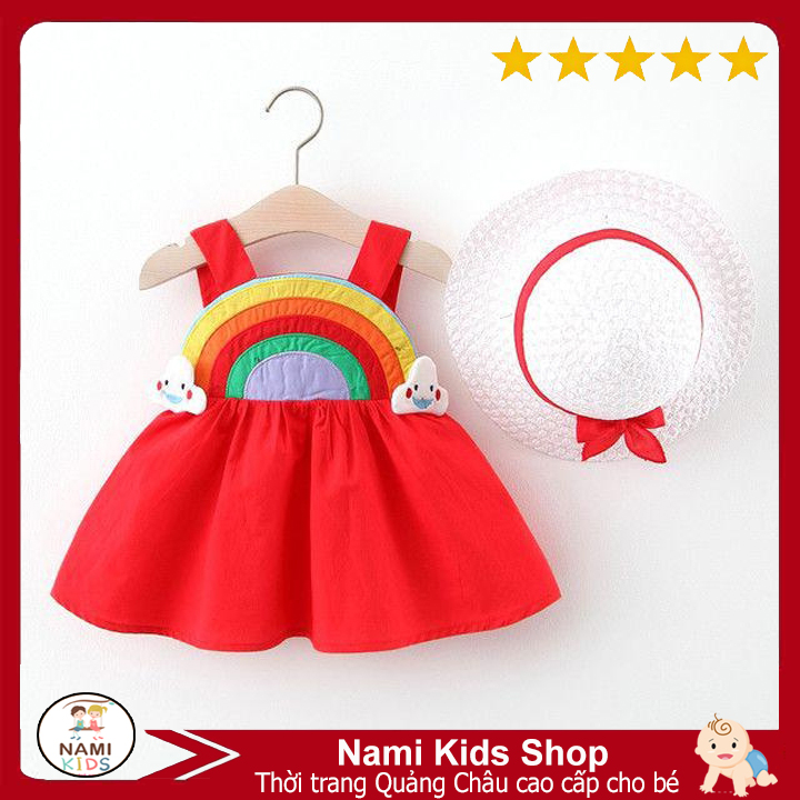 [140:H59] Váy hè dễ thương cho bé họa tiết cầu vòng tặng kèm nón hàng quảng châu cao cấp