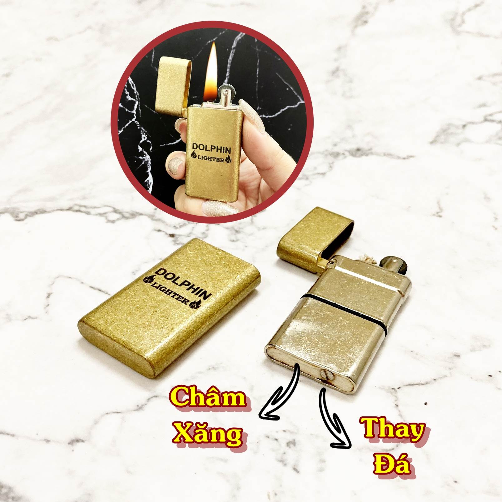 BẬT LỬA ĐỘC LẠ SLIM DOLPHIN XĂNG ĐÁ CỔ 1 BÁNH XE VÀNG CỔ