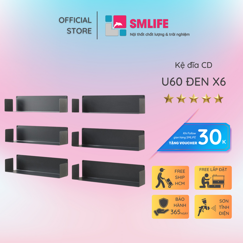 Kệ đĩa CD chữ U 60 - Kệ treo tường bằng thép dày 1,6mm - Sơn tĩnh điện màu Trắng/ Đen hiện đại - Tặng kèm bộ ốc vít và đầu bịt ốc