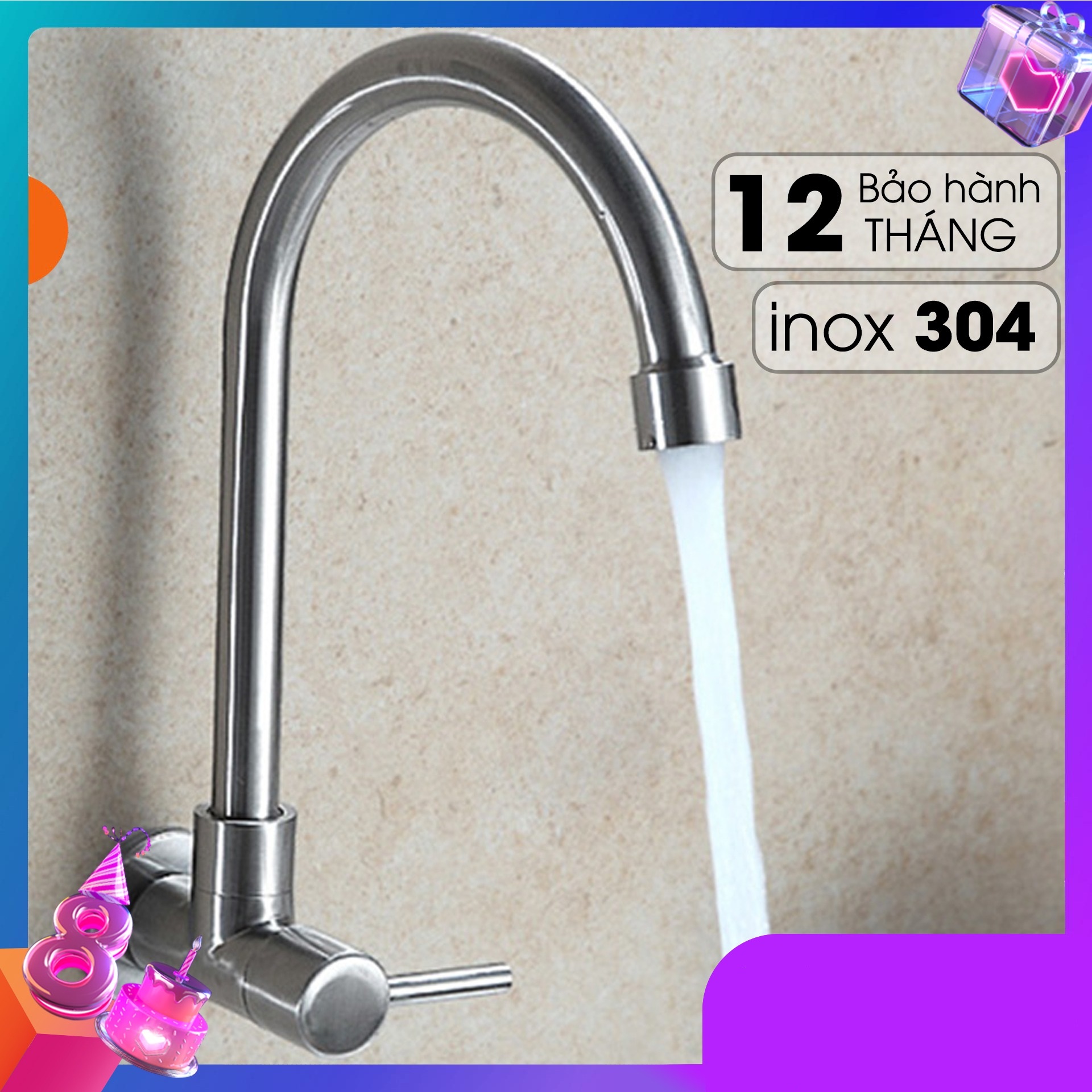 [HCM]Vòi rửa chén bát Inox 304 Cắm Tường Xoay 360 độ 1 Đường Nước (bảo hành 12 tháng)