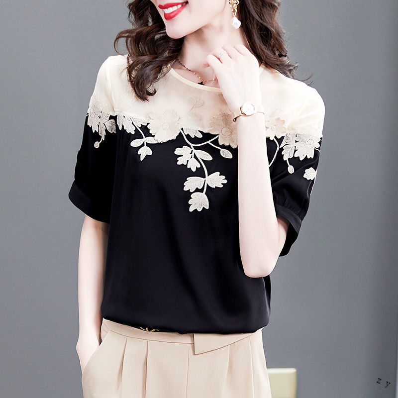 Mẫu lụa mỏng mẫu mới t áo sơ mi áo sơ mi lụa tơ tằm rộng rãi mô phỏng áo sơ mi ngắn tay nữ giả size lớn 2023 mùa hè cao cấp