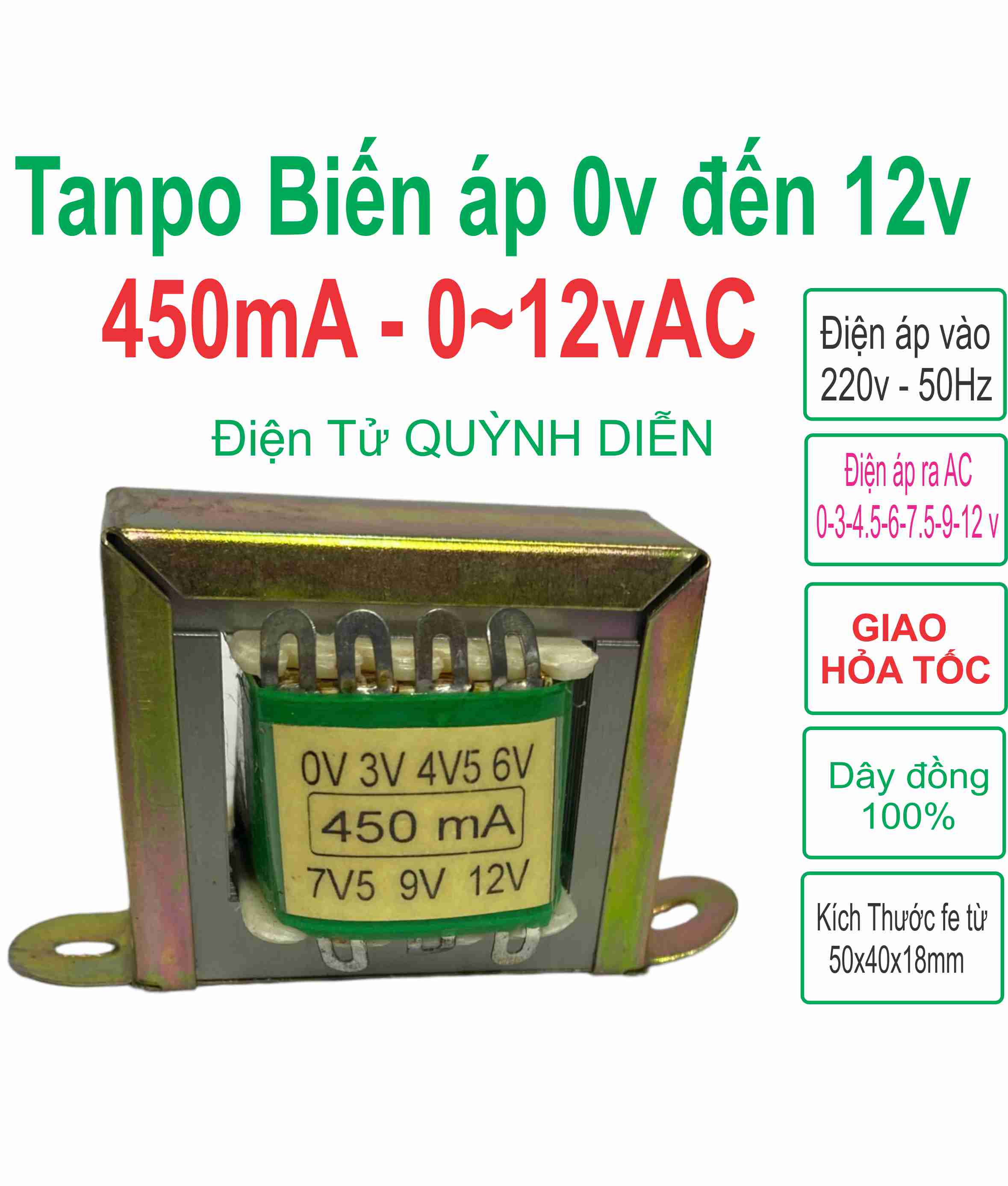 Biến áp đối xứng hạ áp ac vào 220v ra ac 0v ~ 12v - 450ma