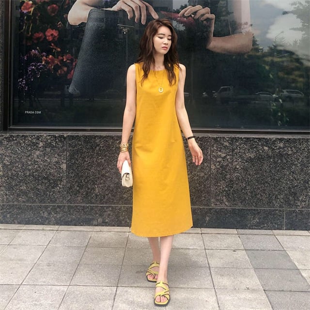 Đầm suông linen bột[sát nách+ dáng suông dài+đi biển]