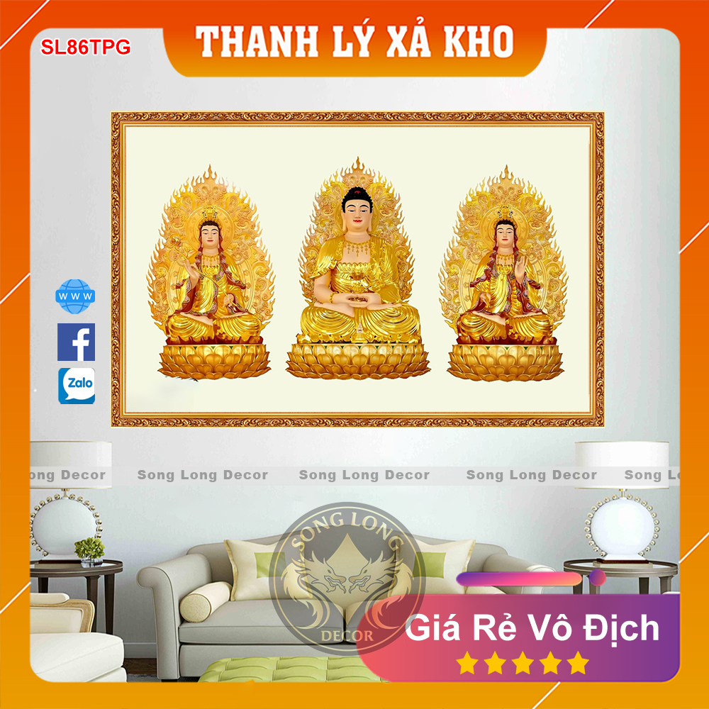 Tranh dán tường Phật Giáo - 086TPG-Tranh 3d Tam Phật Tọa Sen - Song Long Decor