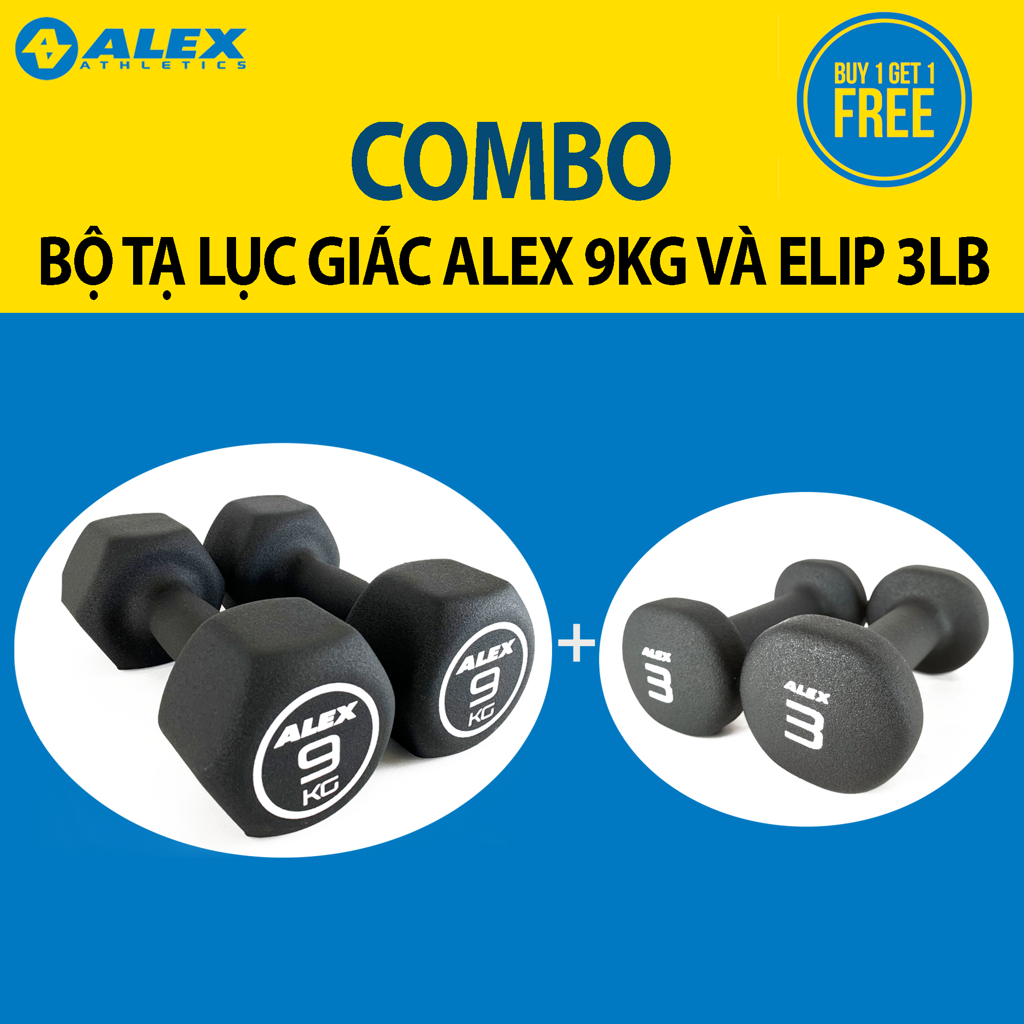 COMBO 2 Bộ Tạ Tay Lục Giác ALEX 9Kg Và Elip ALEX 3LB