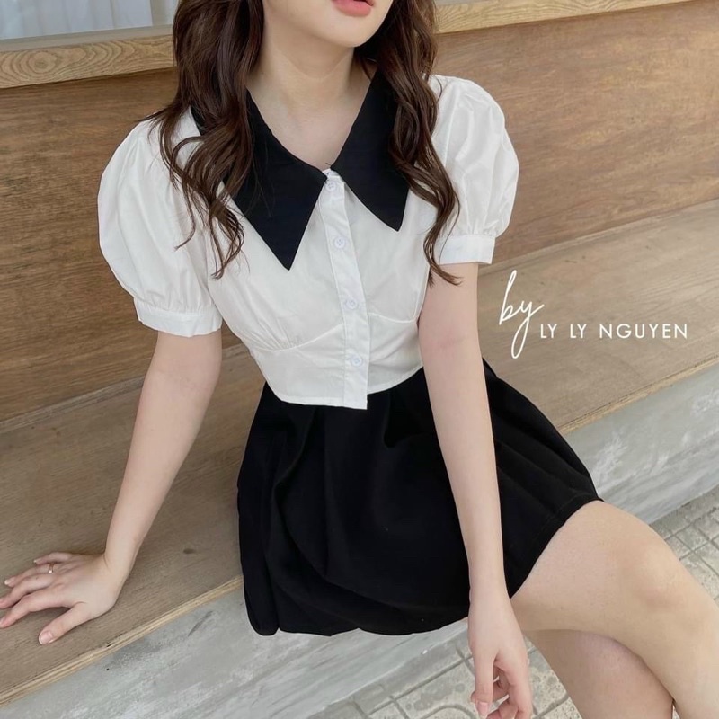 Áo sơmi croptop phối cổ