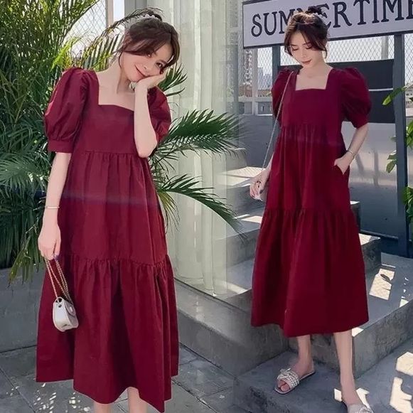 Váy đuôi cá cổ vuông chất đũi mềm