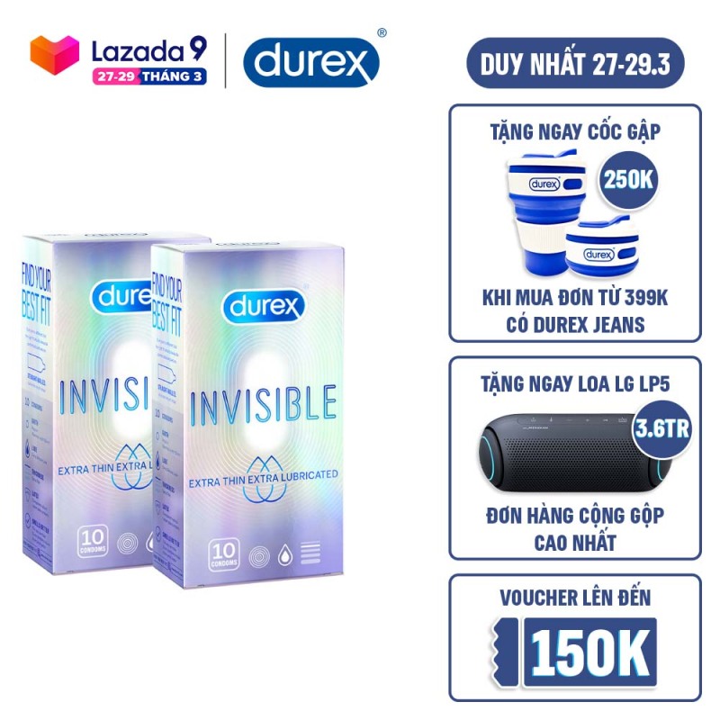 Combo 2 bao cao su Durex Invisible Extra Thin Extra Lubricated Hộp 10 Bao - 2 hộp 20 bao cao cấp