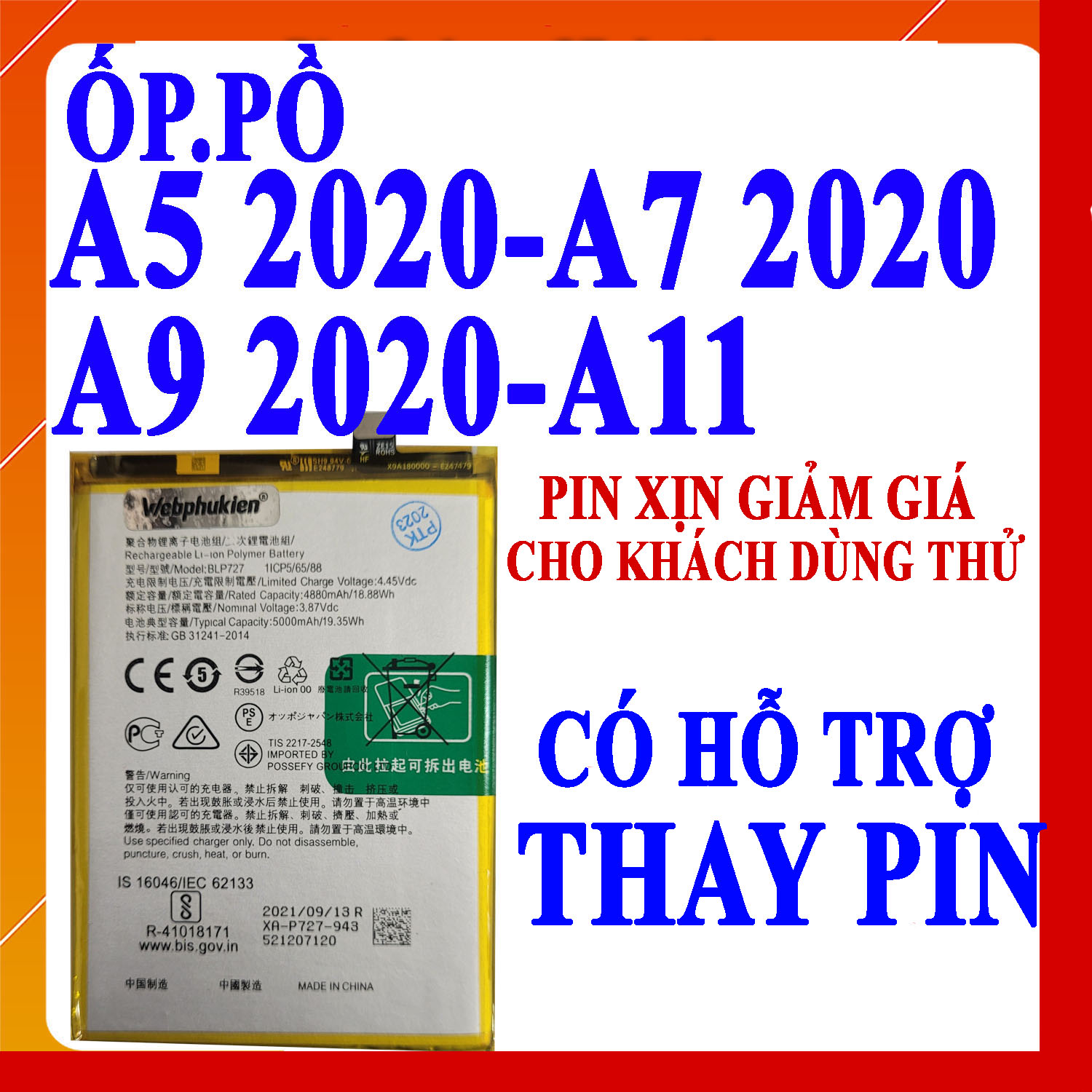 Pin Scud cho Oppo A5 2020/A9 2020/A7 2020/A11 mã BLP727 dung lượng 5000 mAh