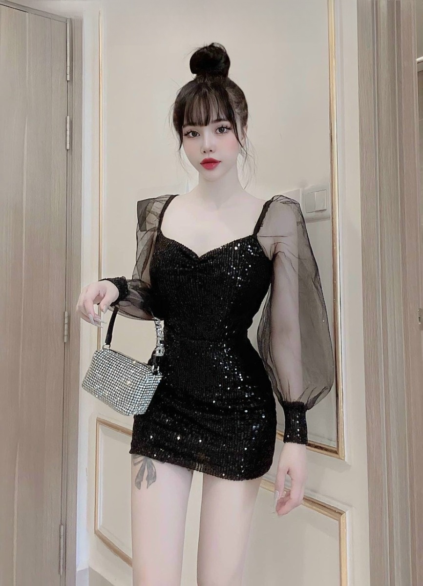 Đầm dự tiệc kim sa phối tay lưới (có mút, có lót)