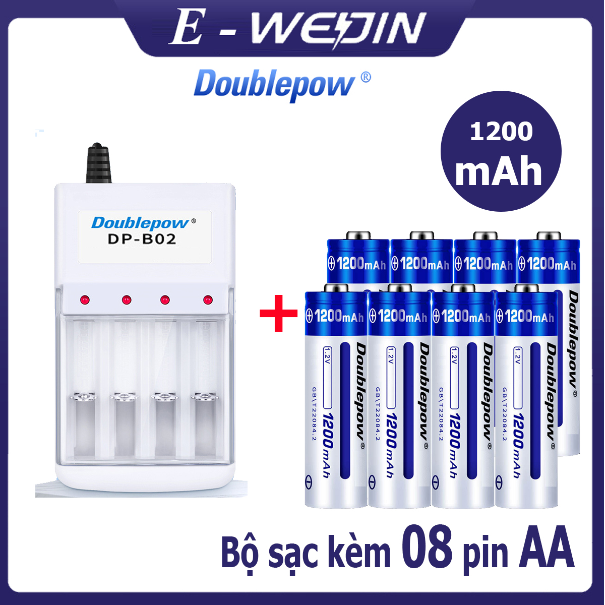 Bộ sạc pin tiểu aa/aaa dp-b02 và 08 viên pin aa 1200m doublepow