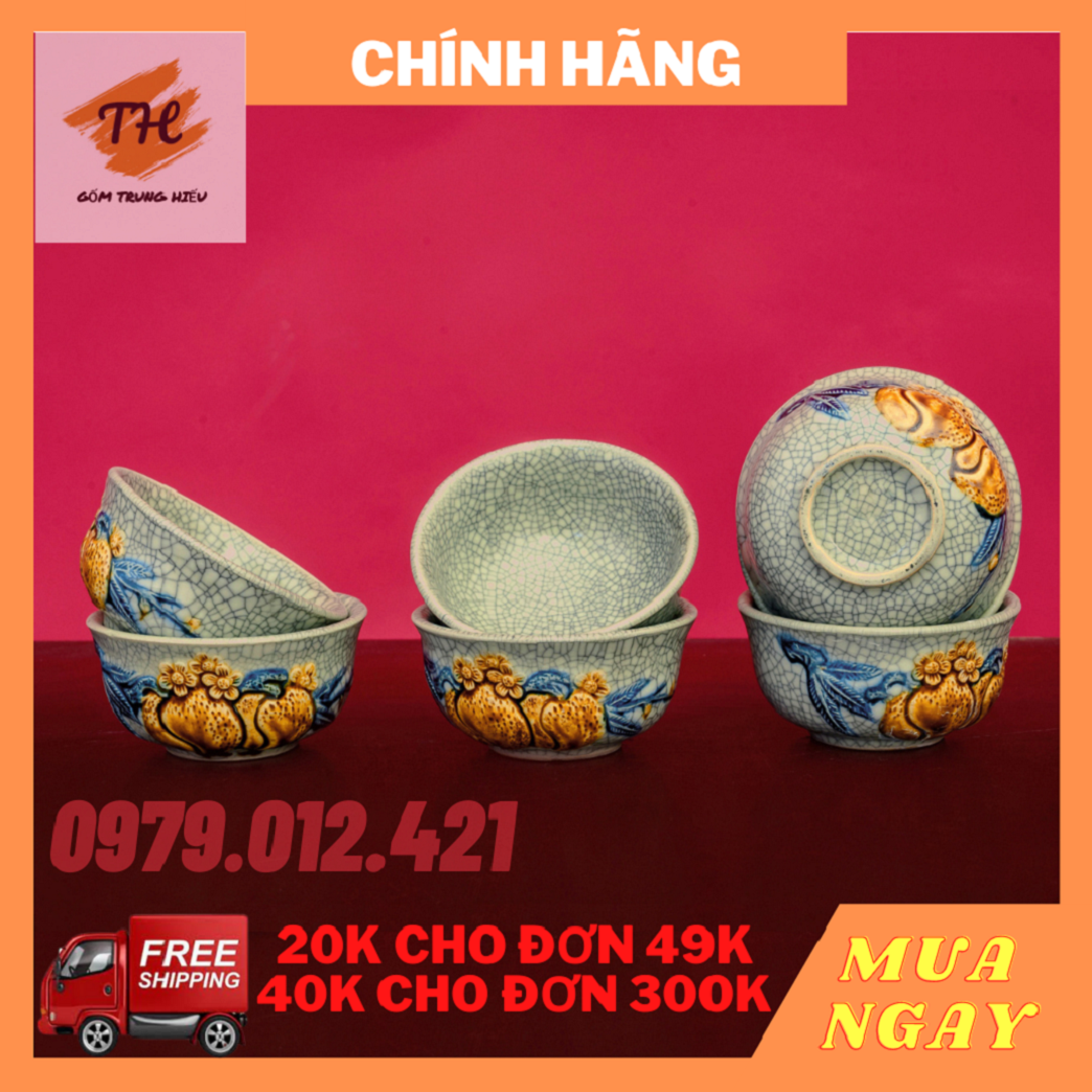 Bộ 6 Bát thờ Bát Tràng men rạn đắp nổi