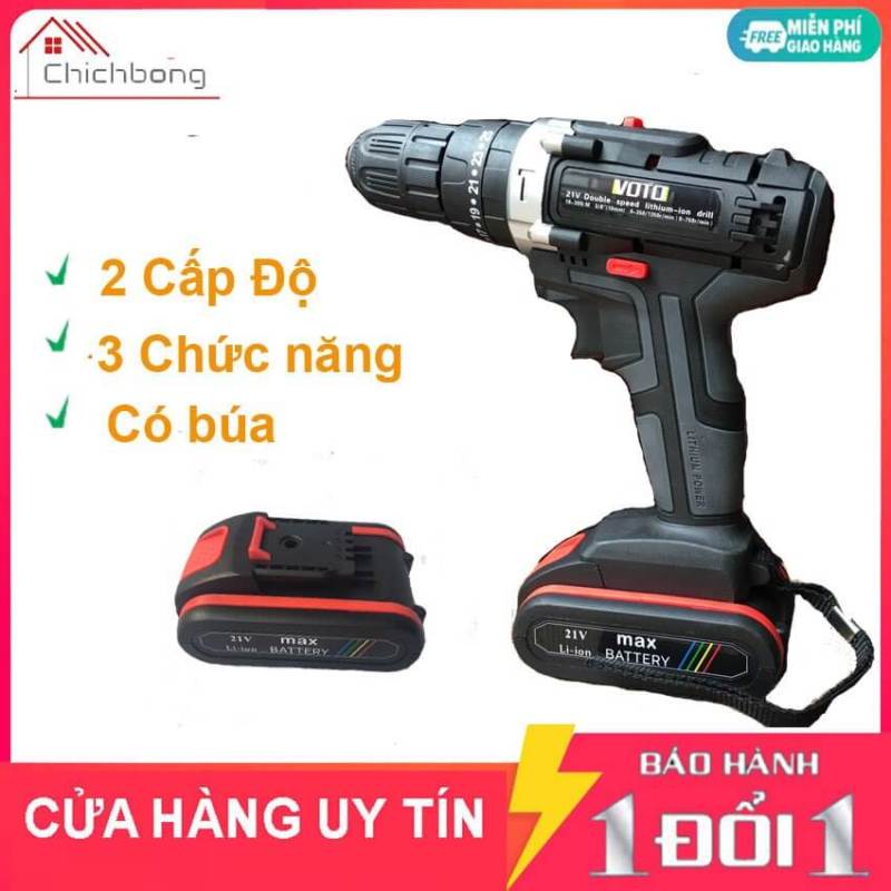 Máy Khoan Pin cầm tay 21V VOTO Có Búa,Mẫu 2019 kèm 2 Pin và hộp nhựa - Bộ sản phẩm Gồm : 01 thân máy khoan,02 pin sạc ,01 adapter, 01 hộp Nhựa
