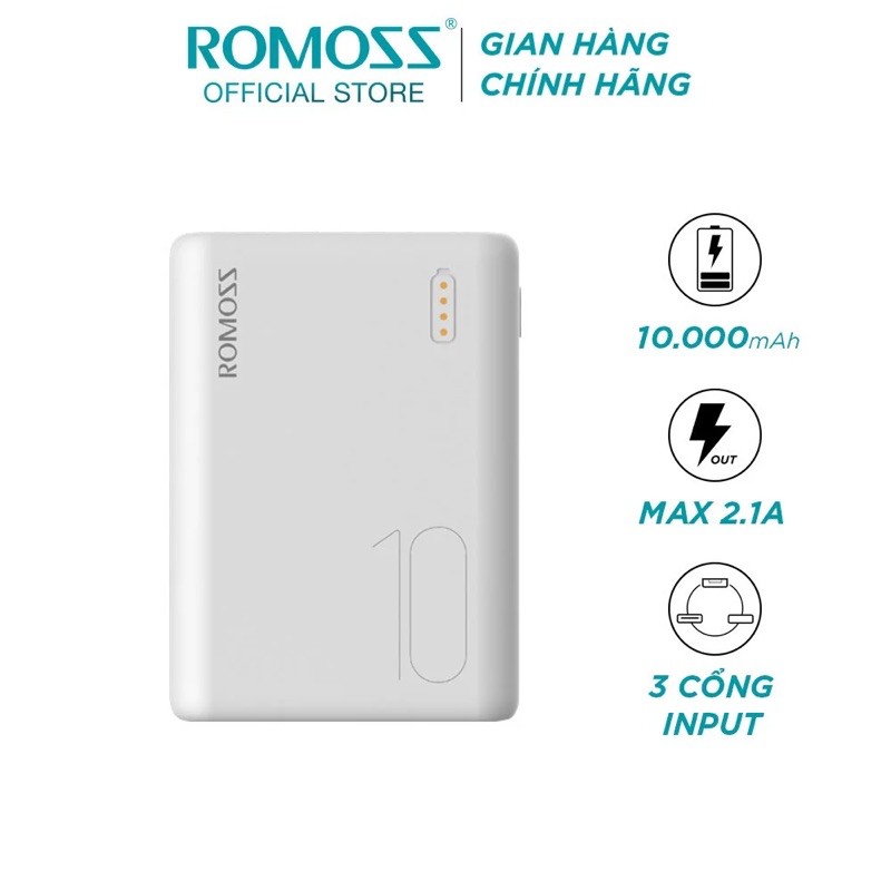 Pin sạc dự phòng 10000mAh Romoss Simple 10 3 cổng input Micro, Lightning, TypeC