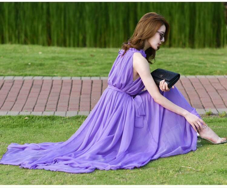 Đầm maxi cổ yếm phối bèo buộc nơ eo Rose Fashion