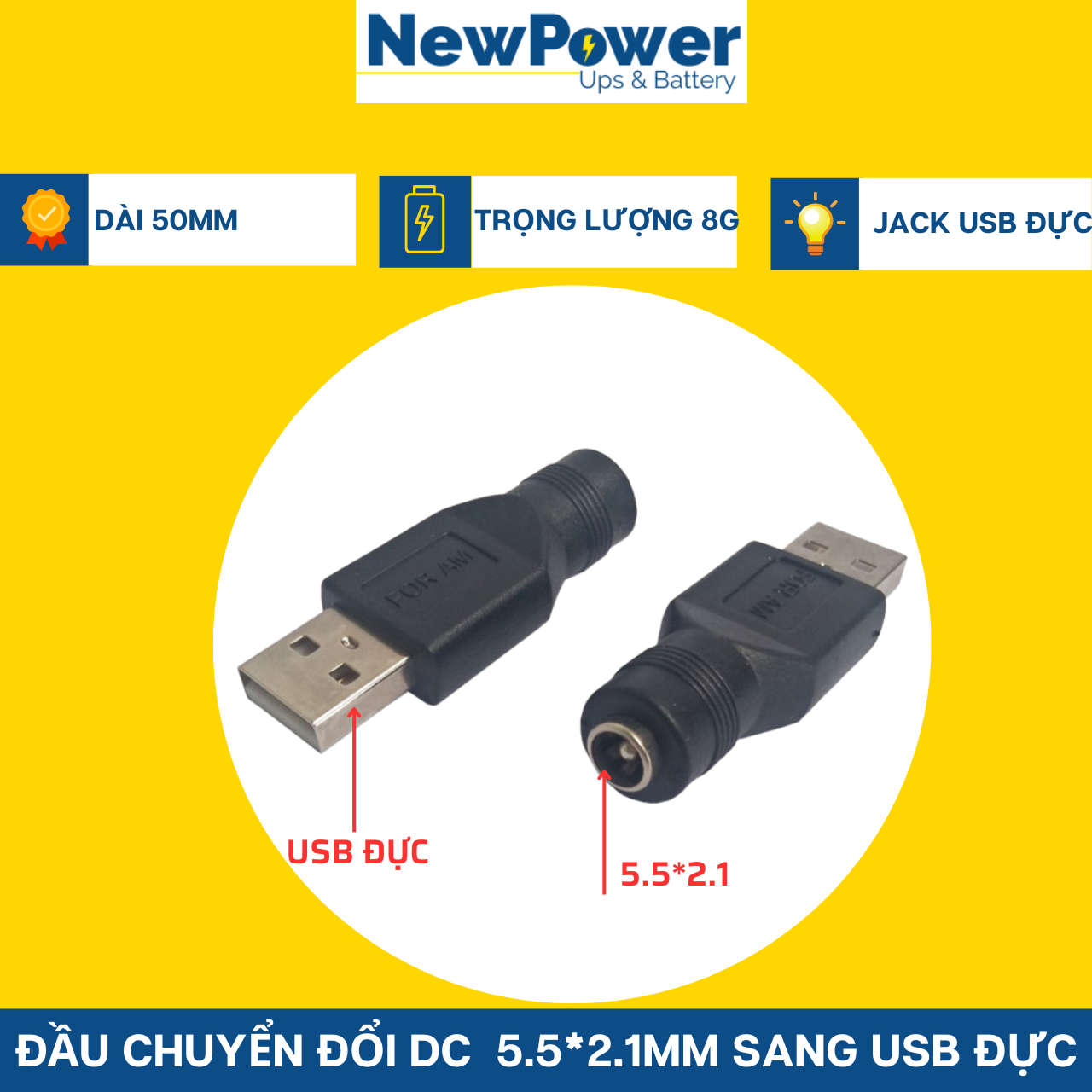 Đầu chuyển đổi DC 5.5x2.1mm sang USB ĐỰC