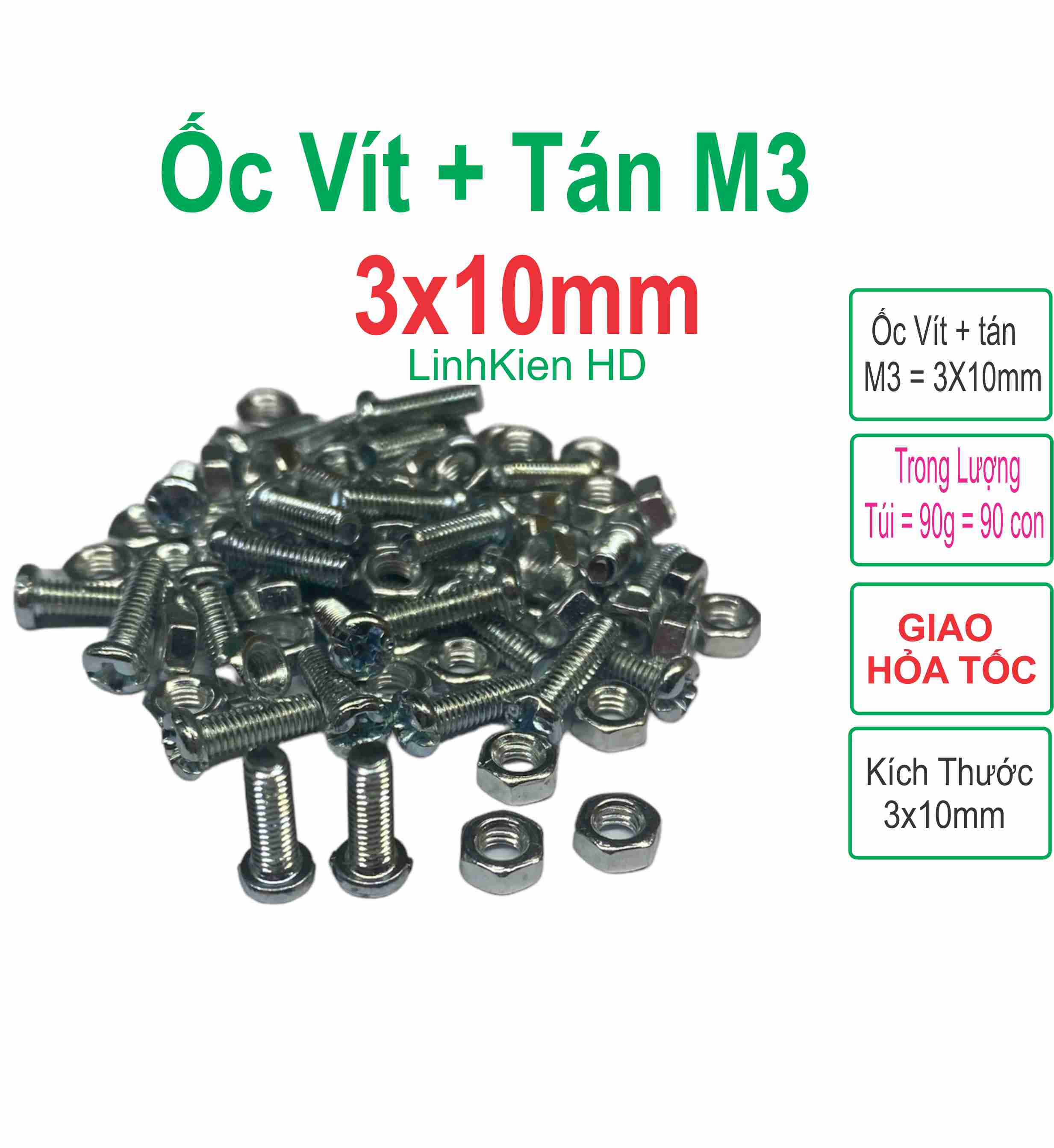 Ốc vít tán M3 3ly dài 1cm (túi 80gam = khoảng 90 - 100 con) - LinhKien HD