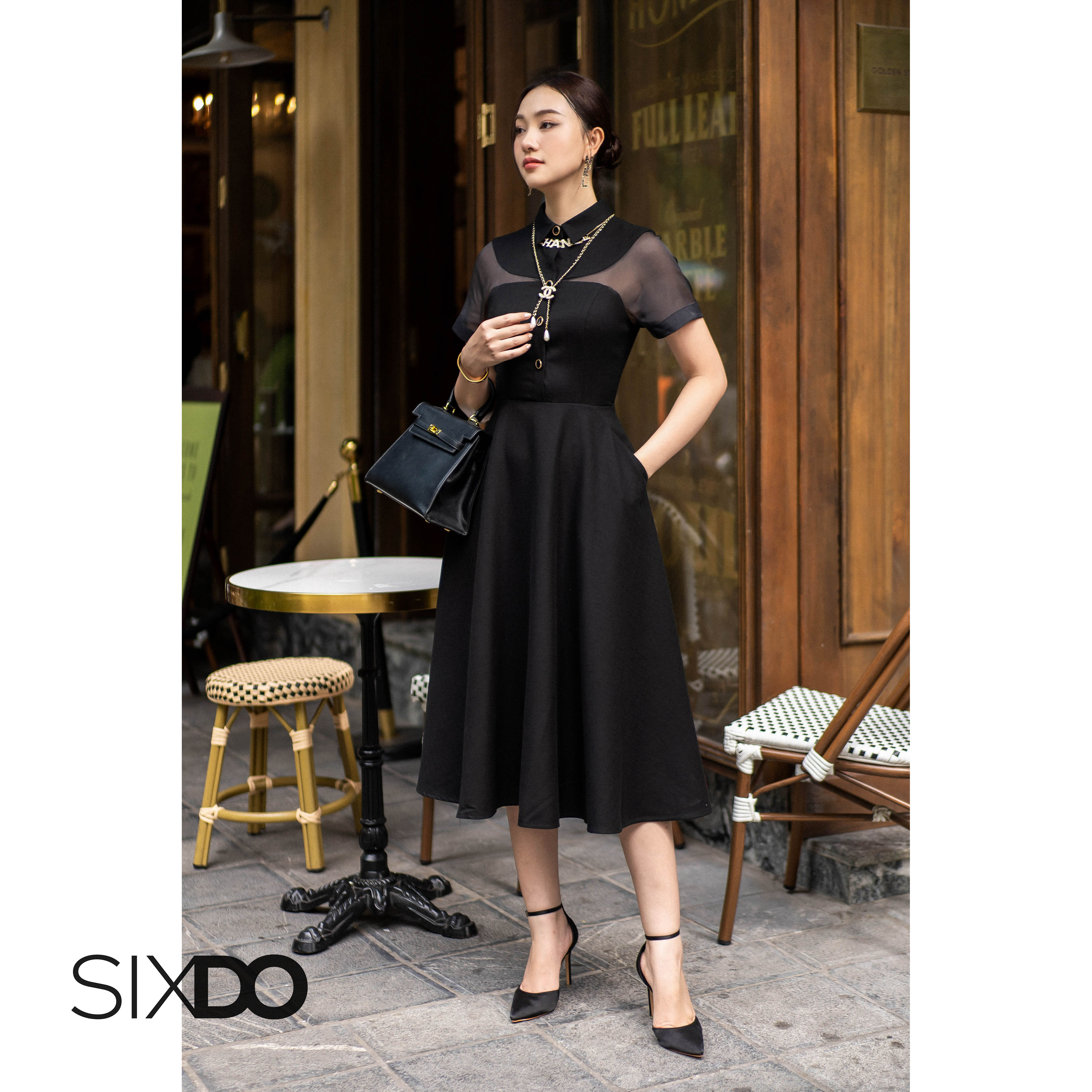 Đầm đen dáng xòe cổ sơ mi SIXDO (Black Midi Raw Dress)