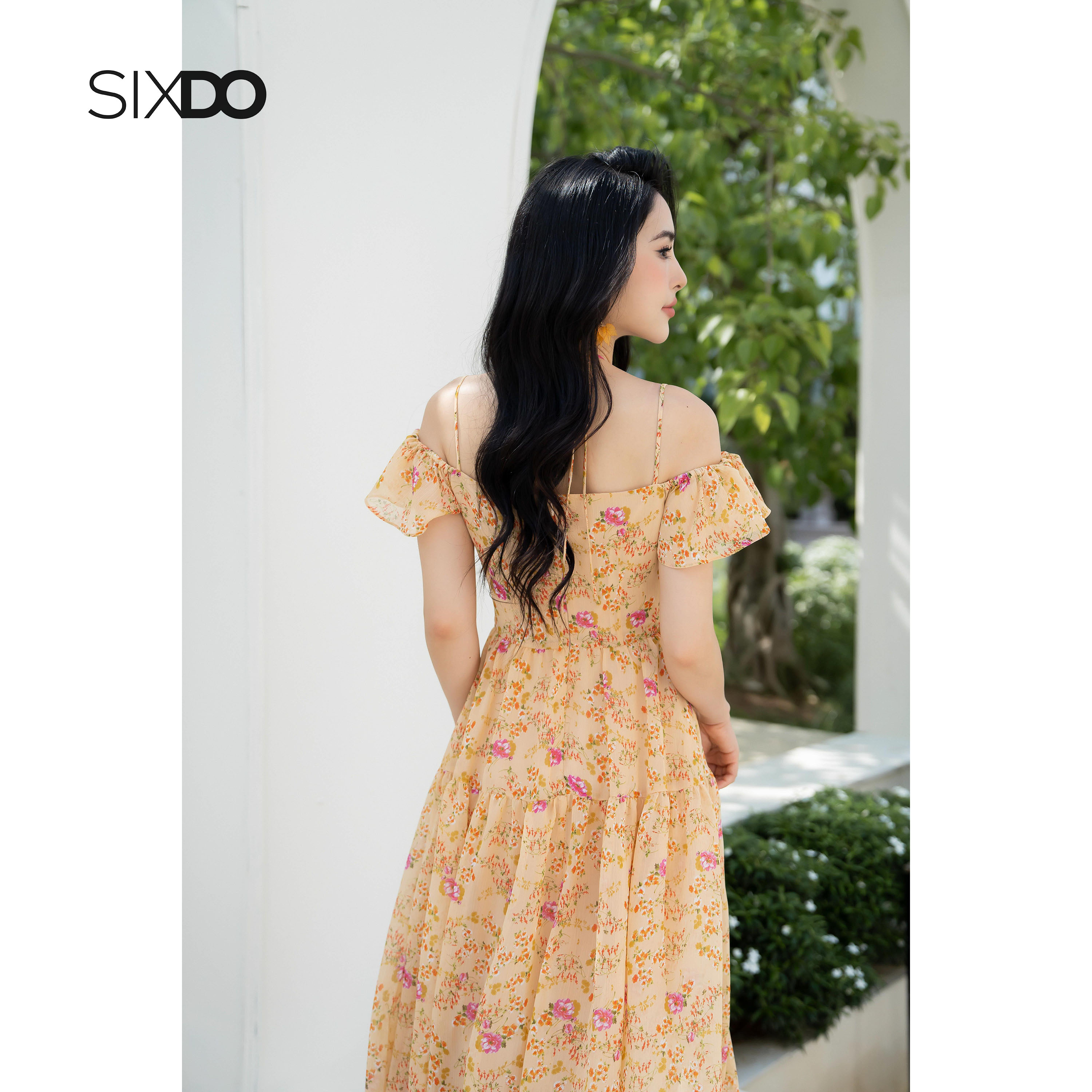 Đầm voan hoa trễ vai dây cổ SIXDO