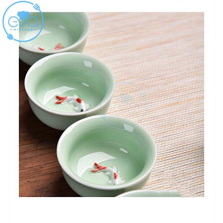 [HCM]Bộ Ấm Chén Trà Men Ngọc Cá 3D Xanh Nhạt