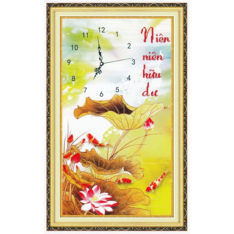 [HCM]Tranh thêu chữ thập hoa sen cá chép đồng hồ 222625 - kích thước 34 * 54