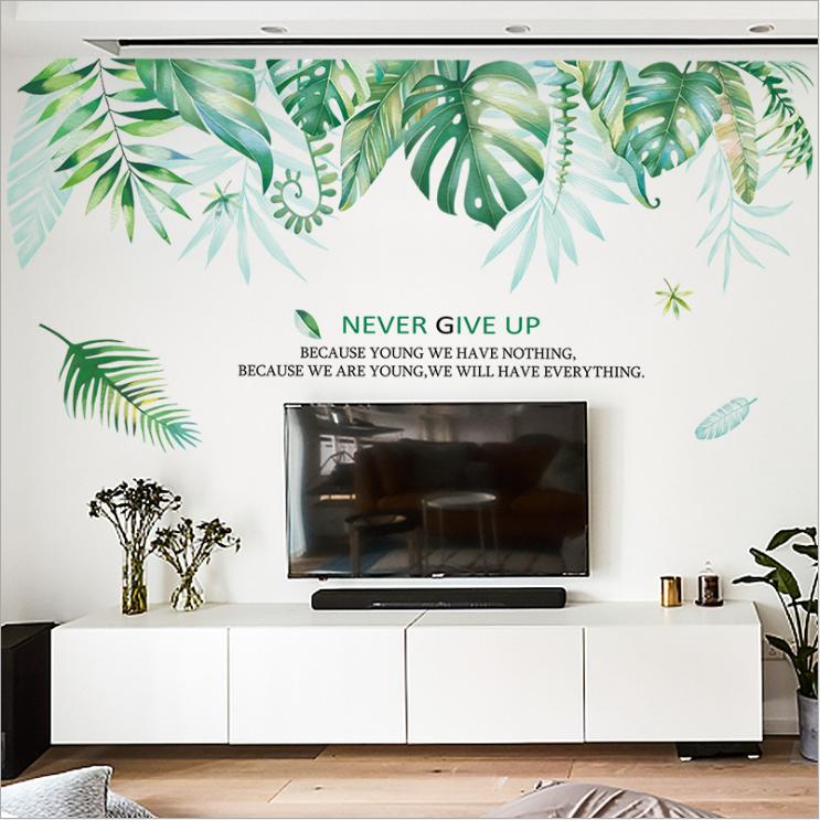 Decal dán tường phòng khách Giàn lá xanh phong cách Hàn Quốc Never give up - AmyShop