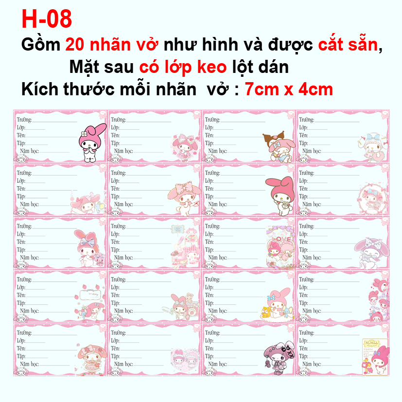 Nhãn vở My Melody - Nhãn dán My melody (1 set 20 nhãn vở khác nhau)