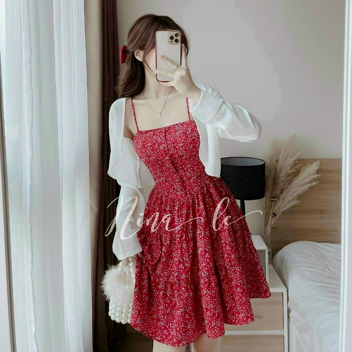 Set đầm lụa 2 dây có mút gân phối áo khoác siêu dễ thương