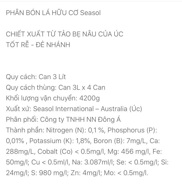 Phân bón SEASOL ÚC Can 3 lít