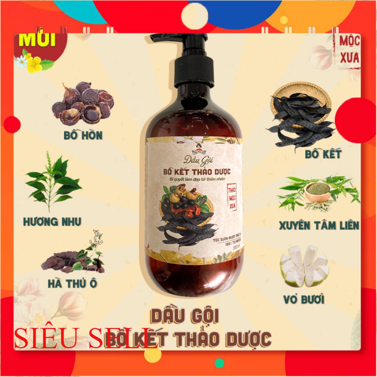 Dầu gội bồ kết thảo dược - thảo mộc xưa 500ml giảm rãy rụng , khử nấm gàu , phục hồi tóc khô xơ , kích mọc tóc con
