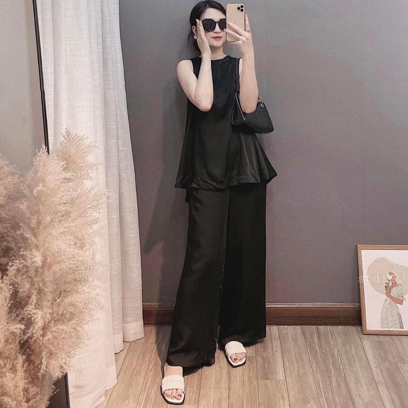 Set Đồ Bộ Lụa Sát Nách Quần Dài Khoét Lưng