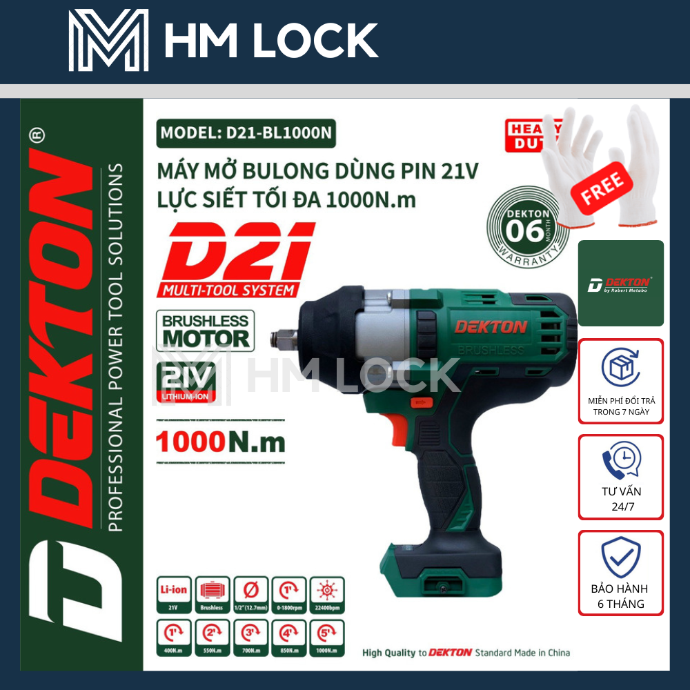 Máy siết bulong 3/4" dùng pin 21v dekton 1000n.m - không chổi than - hàng chính hãng - d21-bl1001n