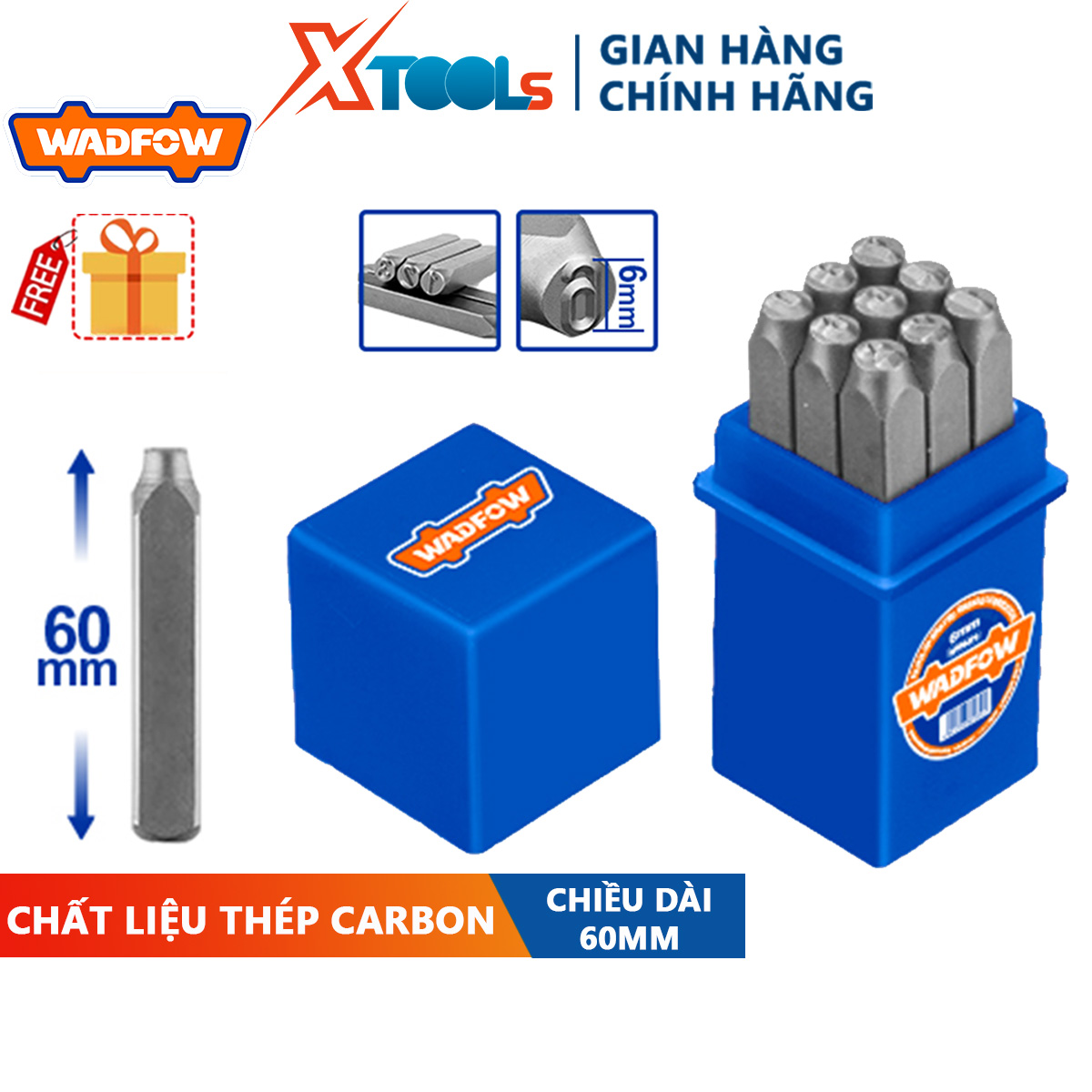 Bộ 9 mũi đục chữ số WADFOW chiều cao chữ số 3-6mm, chiều dài 60mm, gồm 0-9 đục