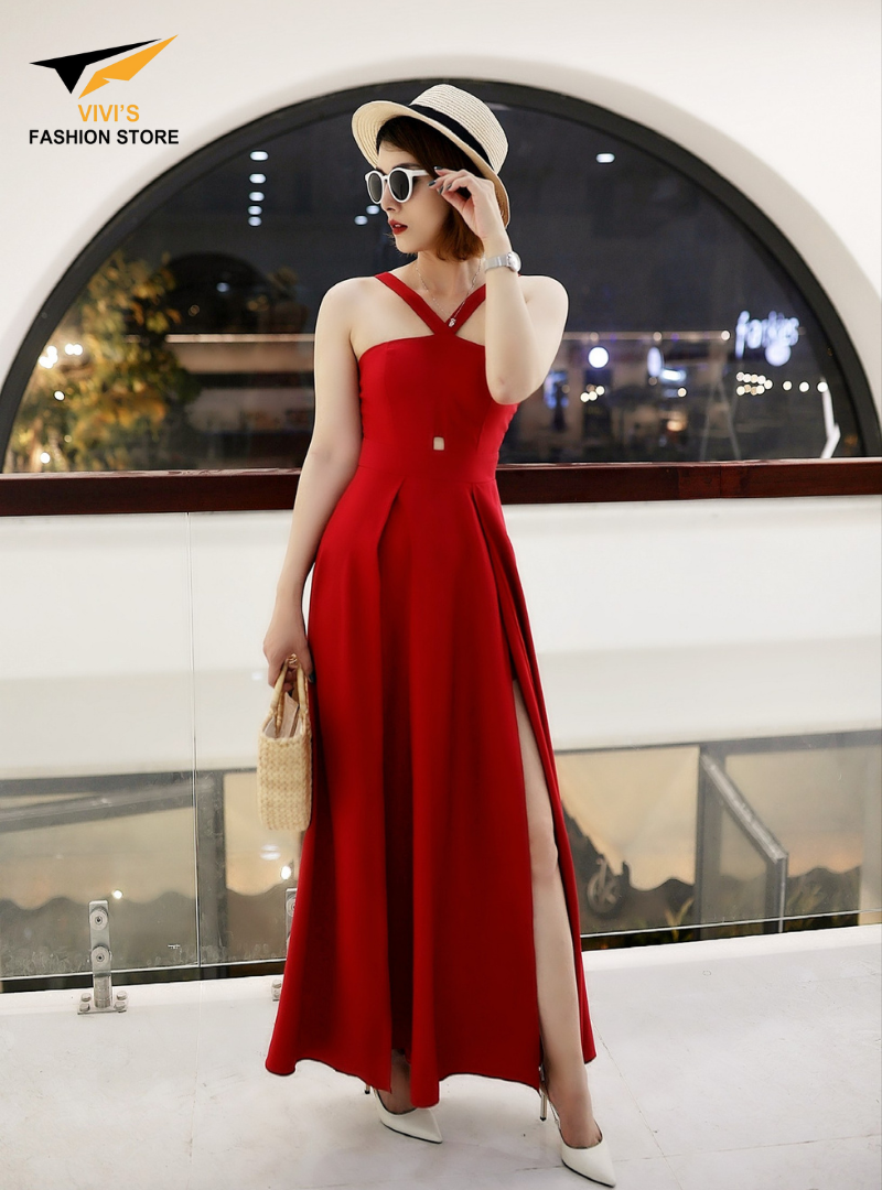 Đầm maxi đỏ đô, cổ yếm, có xẻ tà, đầm maxi đi biển chéo hàn