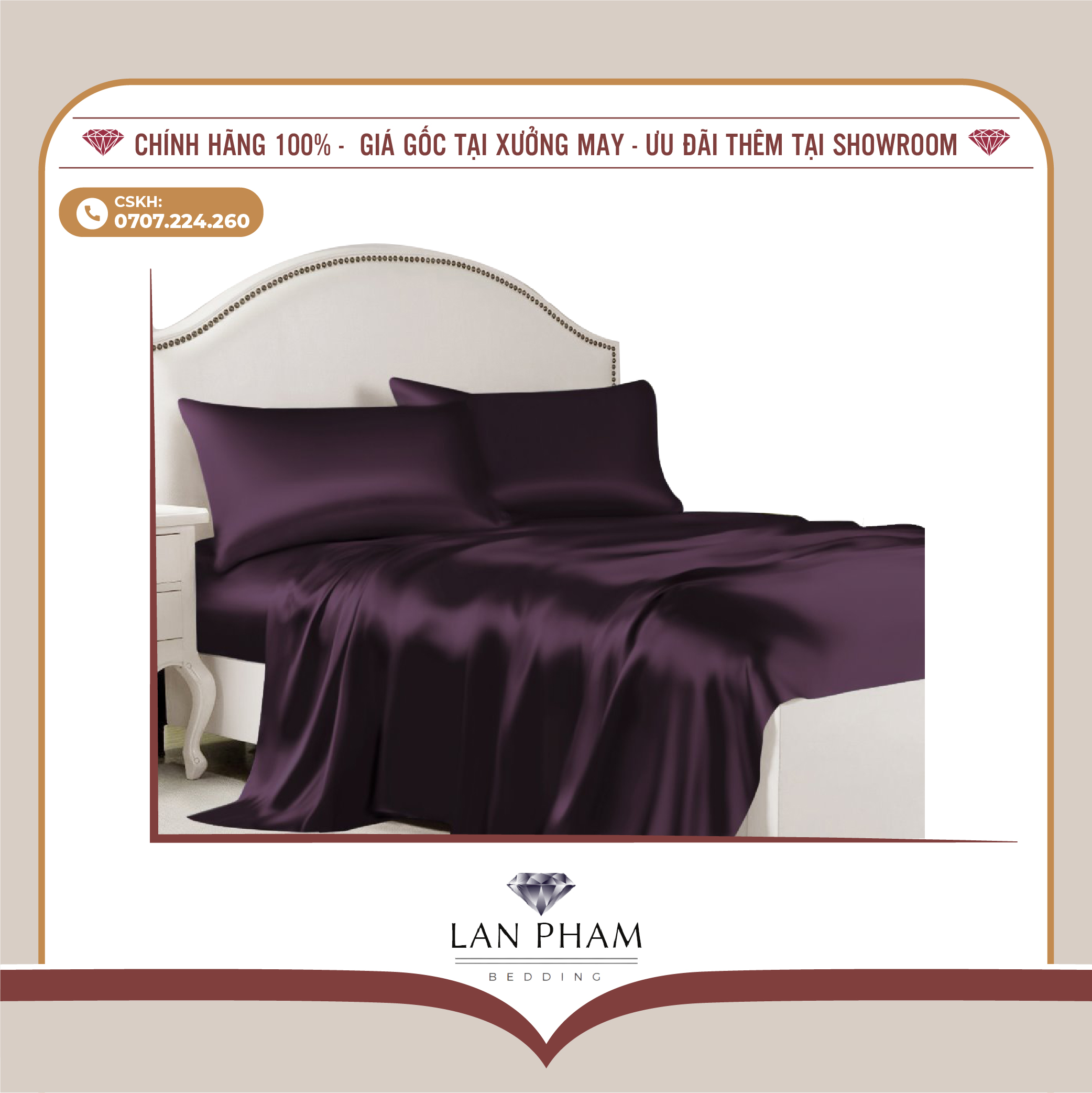 BỘ GA GIƯỜNG DRAP GỐI PHI LỤA MÀU TÍM THAN CAO CẤP LAN BEDDING