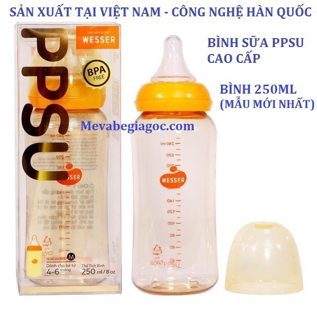 (FREESHIP ĐẾN 50k) (MẪU MỚI) Bình Sữa Cổ Hẹp Cao Cấp PPSU WESSER (60ML - 140ML - 250ML) - Made in Vietnam (Công nghệ Hàn Quốc) NAM2