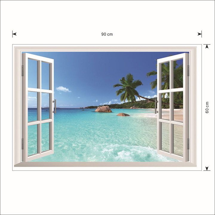 [HCM]Decal dán tường hình cửa sổ bãi biển