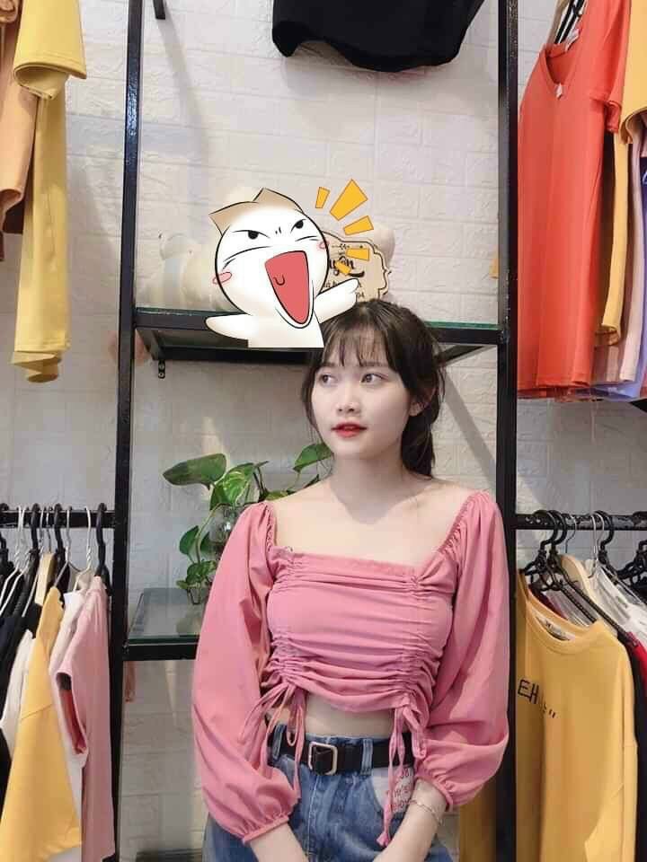 Áo croptop tay dài - chất liệu kate mềm mịn - thiết kế cổ vuông rút dây 2 bên cực xinh