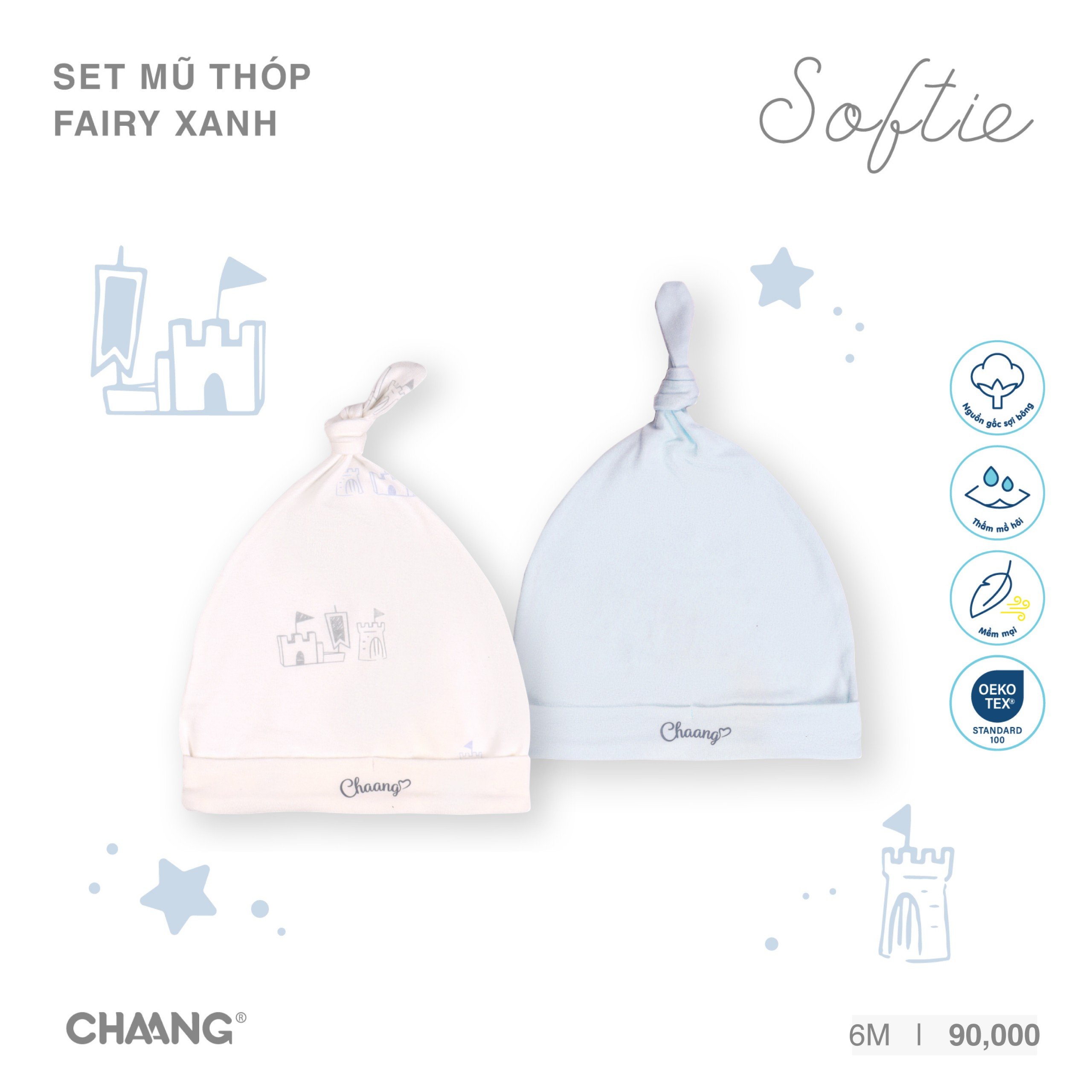 Set 2 mũ thắt sơ sinh cotton mềm mại họa tiết Fairy Chaang