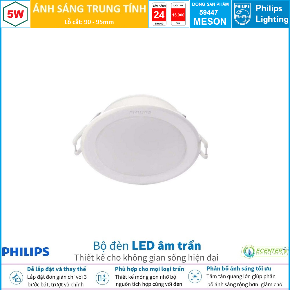 ĐÈN LED ÂM TRẦN 5W PHILIPS DOWNLIGHT 59447 MESON G3 D90 ( PHÂN BỔ ÁNH SÁNG TỐI ƯU – GIẢM CHÓI MẮT )