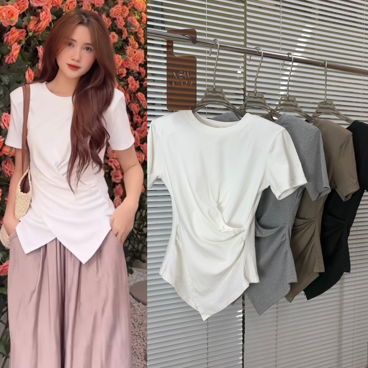 Áo thun cổ tròn xoắn bụng đệm vai - 247StoreFashion