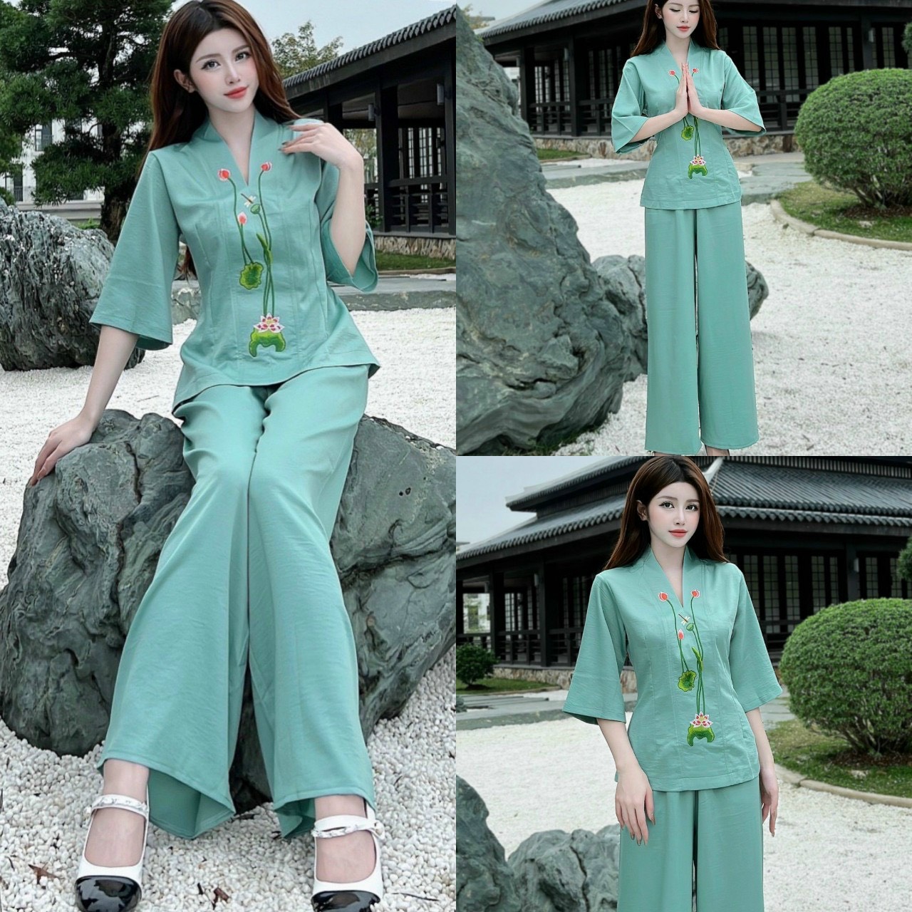 Đồ Lam Đi Chùa # Bộ Bà Lai Lụa Sen # Quần Áo Nữ