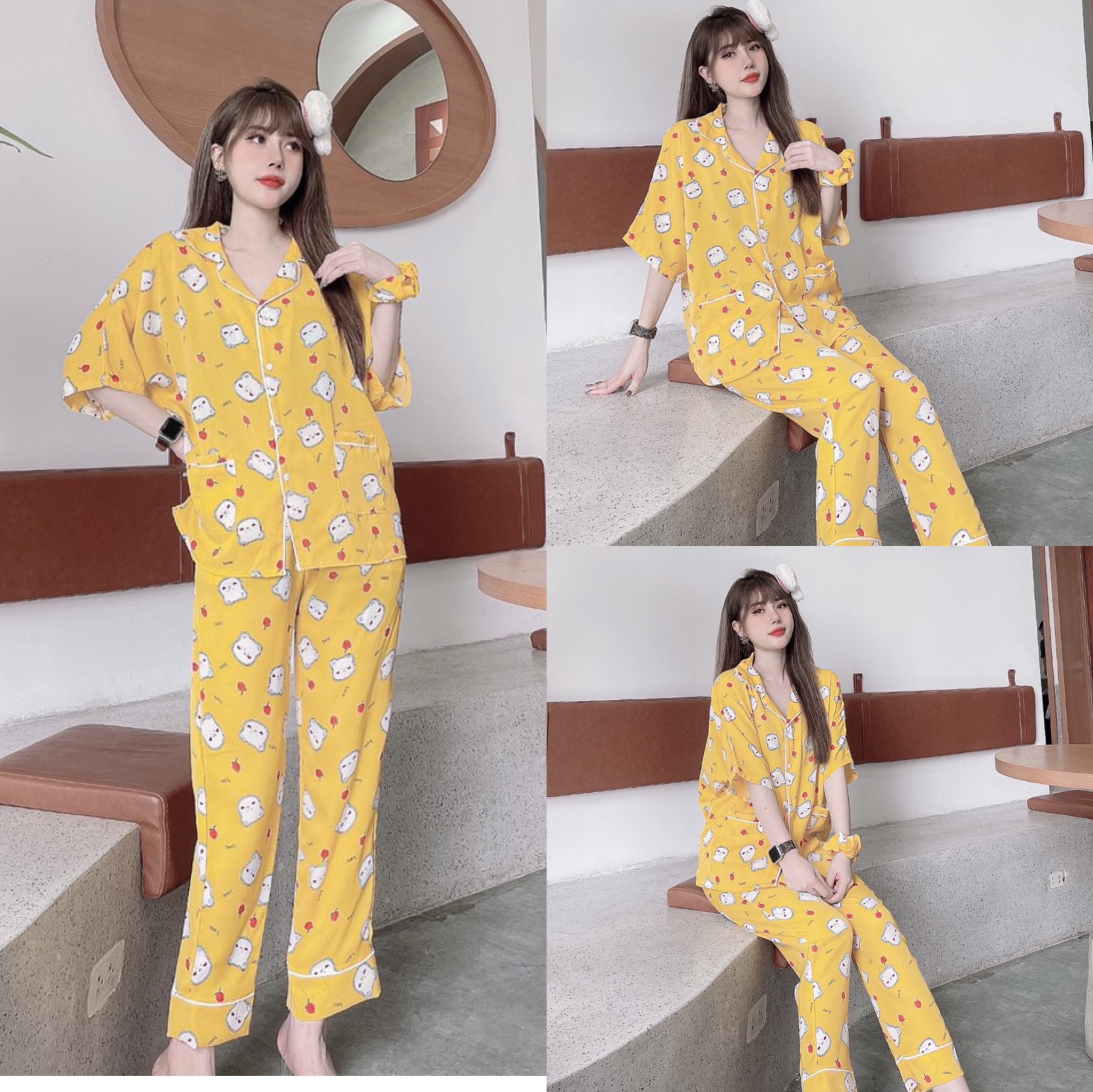 [BỘ PIZAMA NỮ] Bộ Pijama Lụa Áo Cộc Quần Dài, Bộ Đồ Mặc Nhà Chất Lụa Mango Siêu Mềm